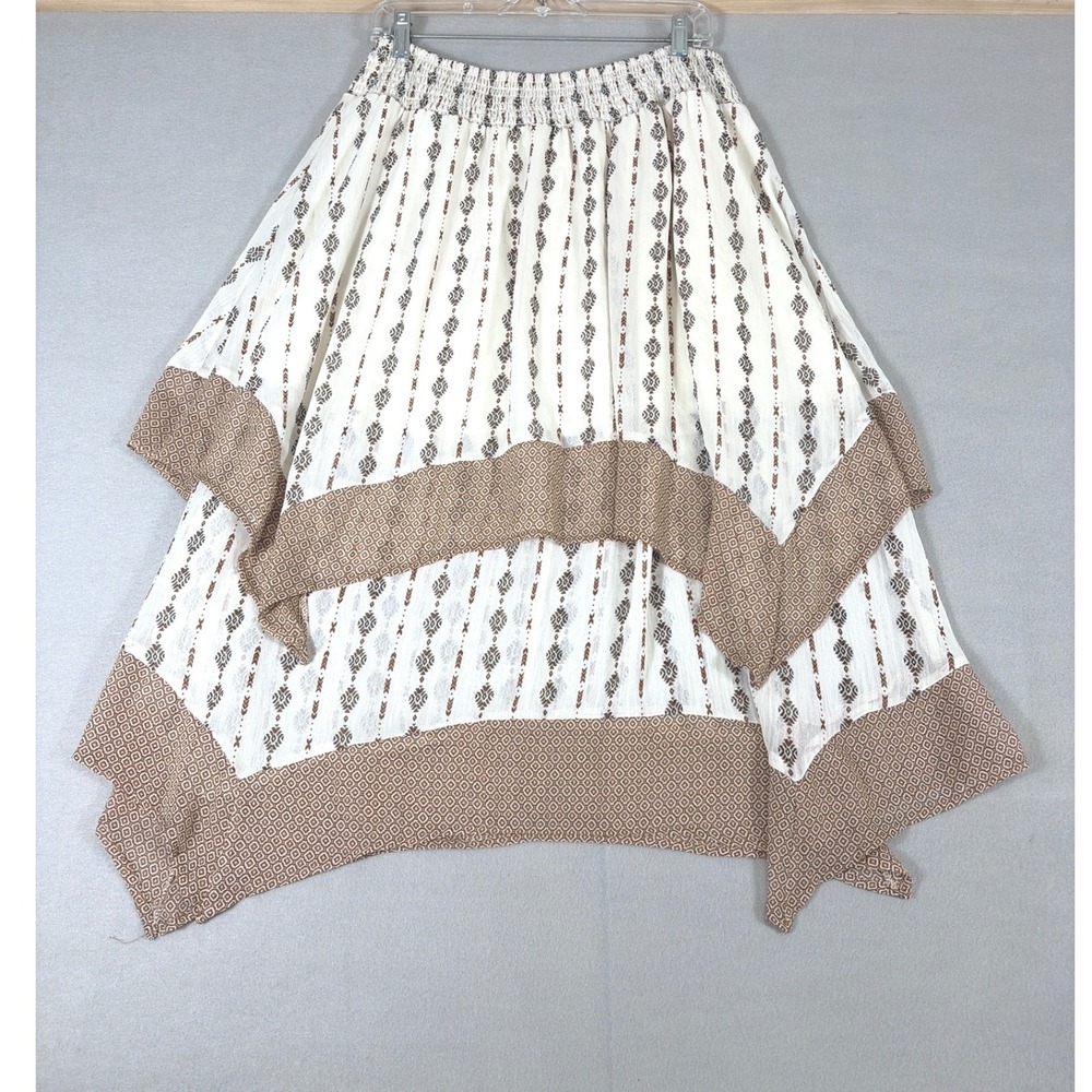 Style & Co Womens Brown Cream Tribal Print Handkerchief Hem Midi Skirt Large